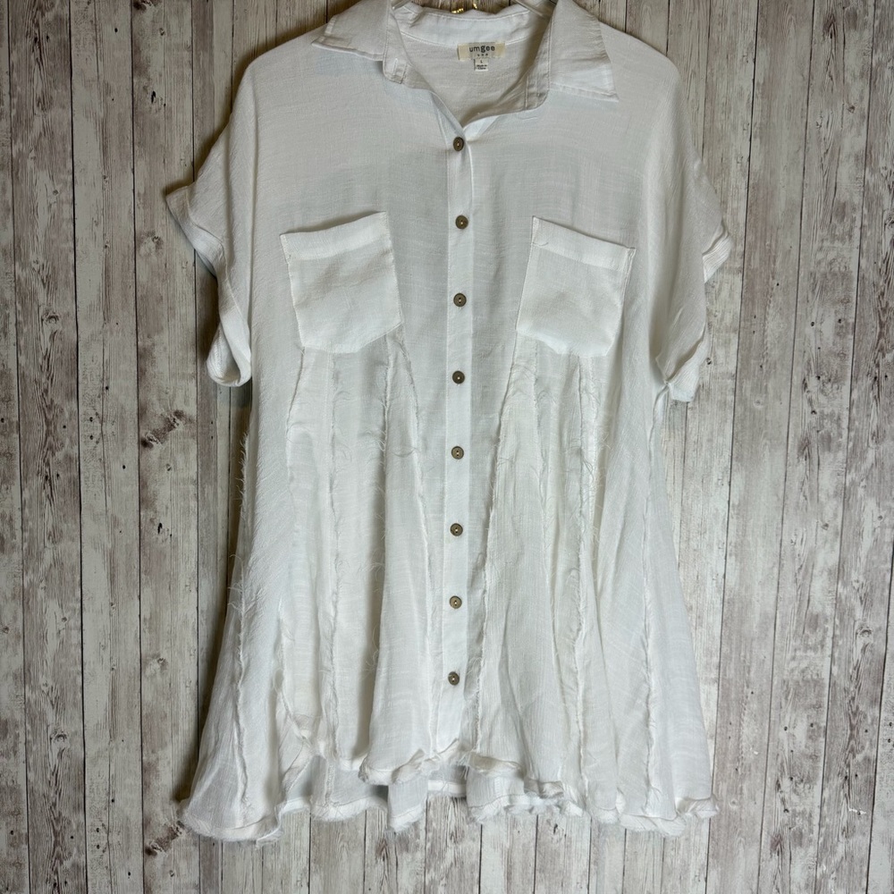 Umgee White Boho Semi Sheer Rayon Frayed-Edge Button Up Tunic Blouse Large